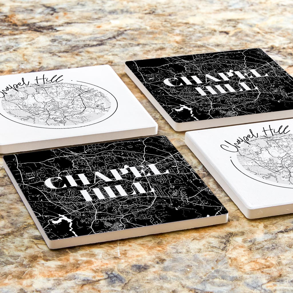 Minimalistic B&W North Carolina Chapel Hill Maps | Absorbent Coasters | Set of 4 | Min 2