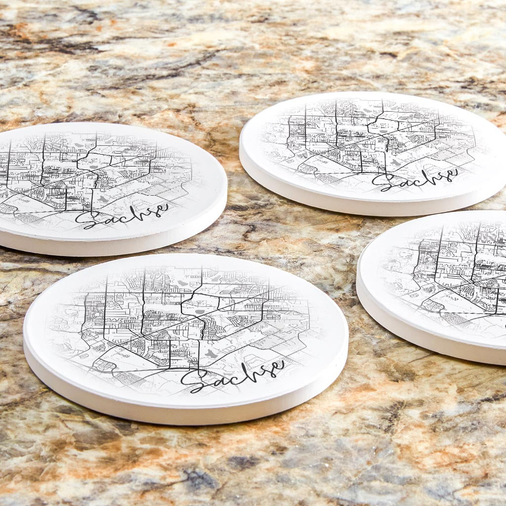 Minimalistic B&W Texas Sachse Circle Map | Absorbent Coasters | Set of 4 | Min 2