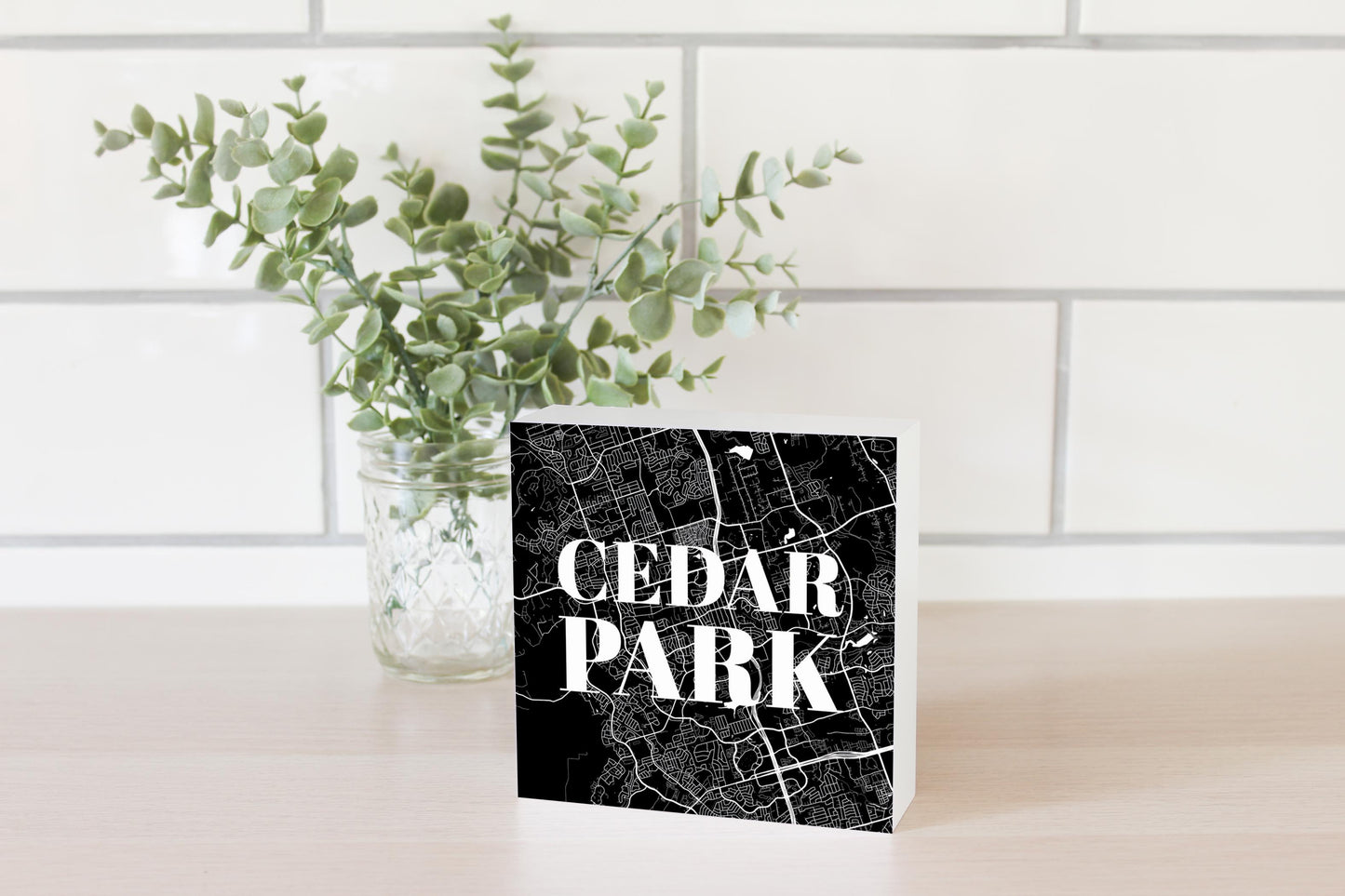 Minimalistic B&W Texas Cedar Park Map| Wood Block | Eaches | Min 4