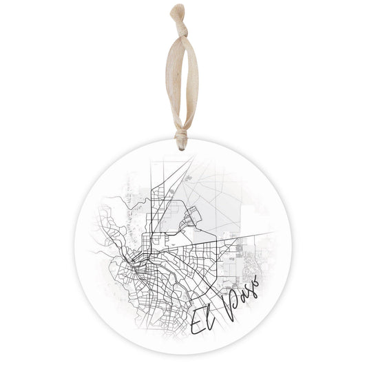 Minimalistic B&W Texas El Paso Circle Map | Wood Ornament | Eaches | Min 1