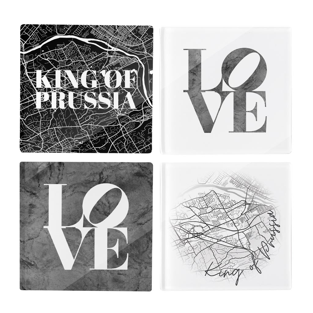 Minimalistic B&W Pennsylvania King Of Prussia Maps Love | Hi-Def Glass Coasters | Set of 4 | Min 2