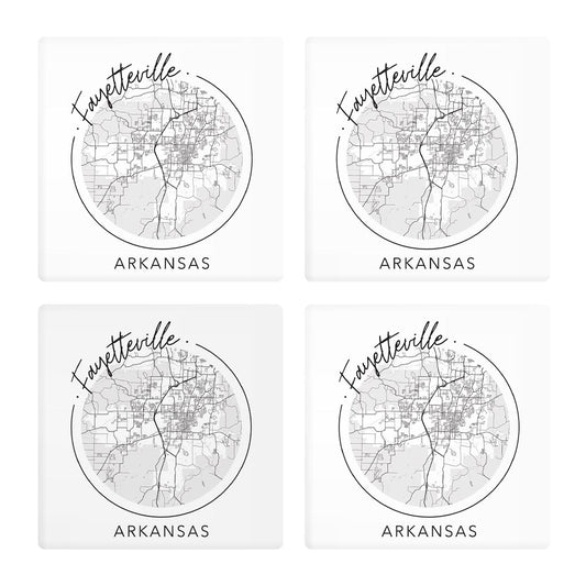 Minimalist B&W Arkansas Fayetteville Circle Map | Absorbent Coasters | Set of 4 | Min 2