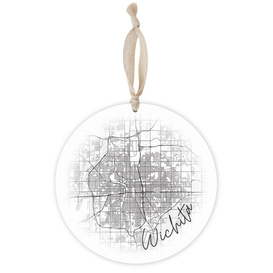 Minimalistic B&W Kansas Wichita Circle Map | Wood Ornament | Eaches | Min 1