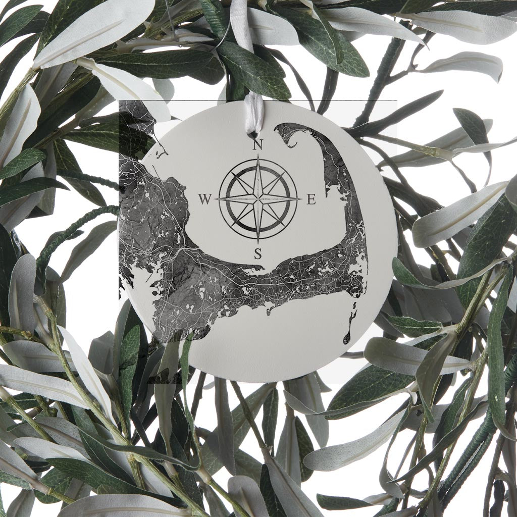 Minimalistic B&W Cape Cod Map With Compass | Wood Ornament | Eaches | Min 6