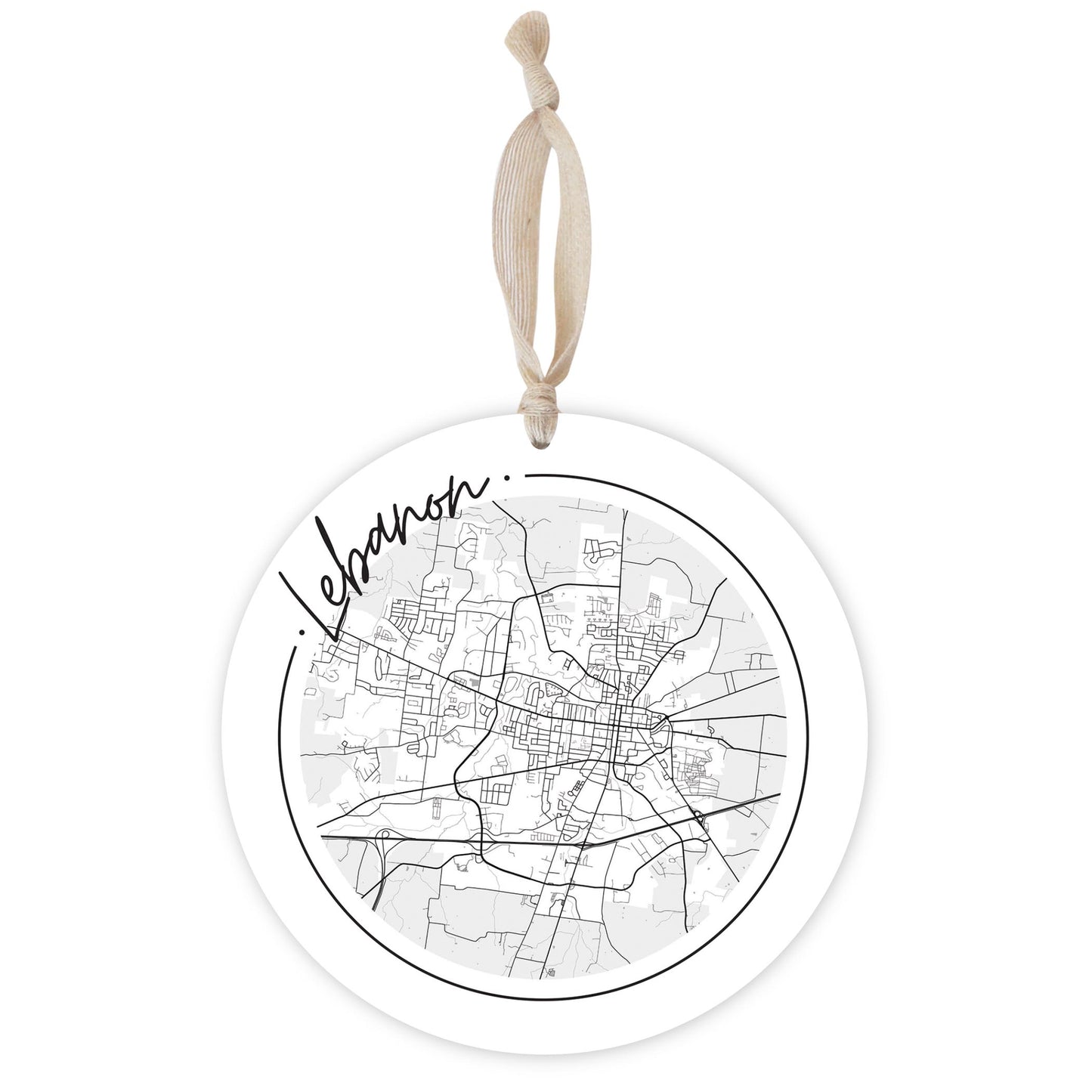 Minimalist B&W Tennessee Lebanon Circle Map | Wood Ornament | Eaches | Min 1