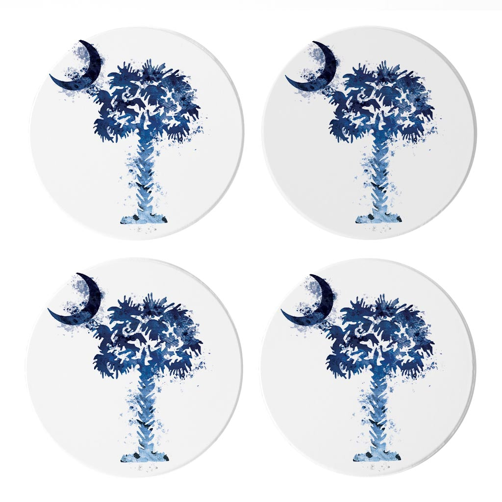 South Carolina Blue Water Color Palm Trees On White | Absorbent Coasters | Set of 4 | Min 2