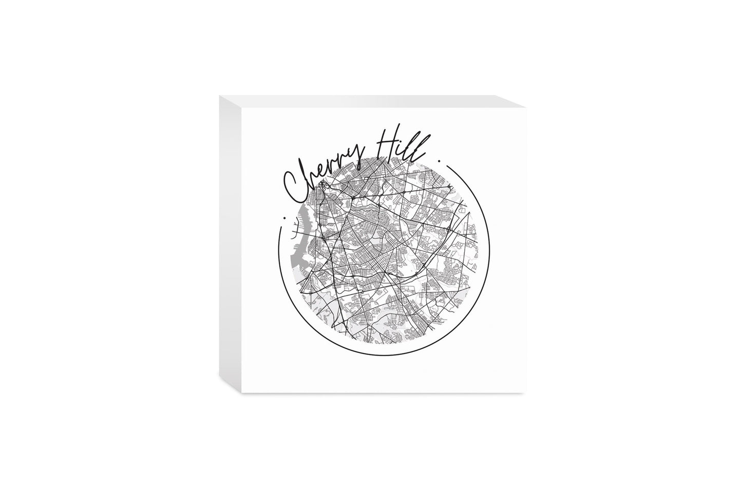 Minimalistic B&W New Jersey Cherry Hill Circle Map | Wood Block | Eaches | Min 4