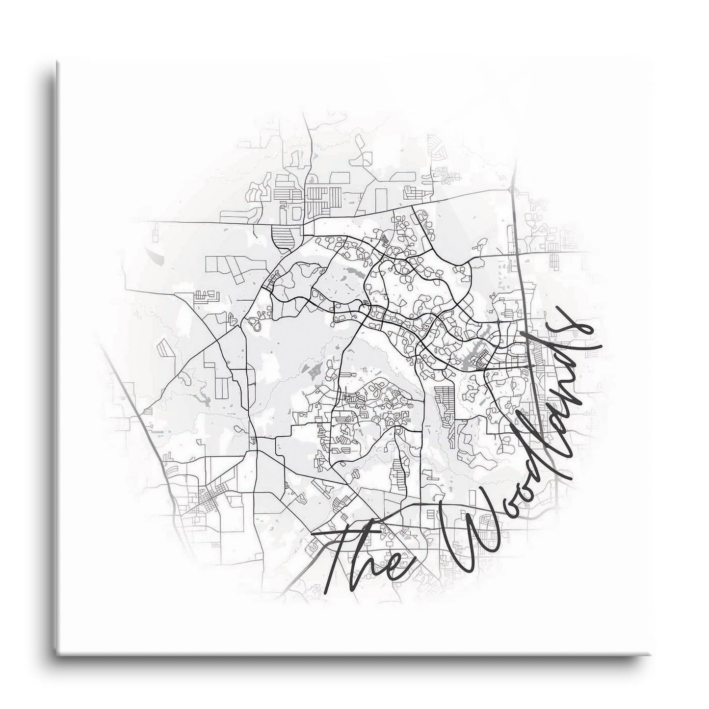 Minimalistic B&W Texas The Woodlands Circle Map | Hi-Def Glass Art | Eaches | Min 1