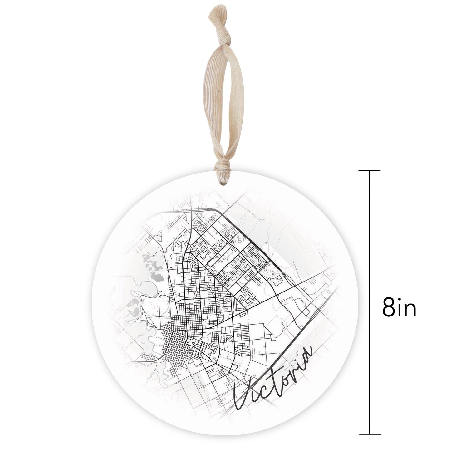 Minimalistic B&W Texas Victoria Circle Map | Wood Ornament | Eaches | Min 1