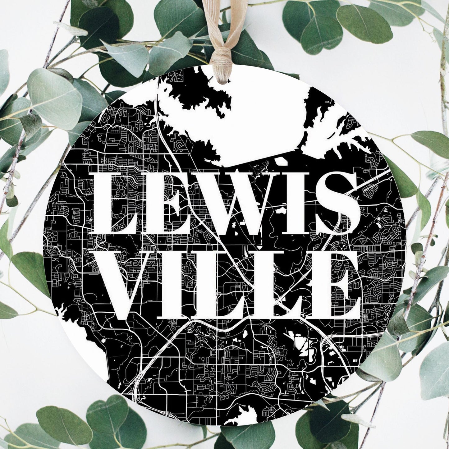 Minimalistic B&W Texas Lewisville Map | Wood Ornament | Eaches | Min 1