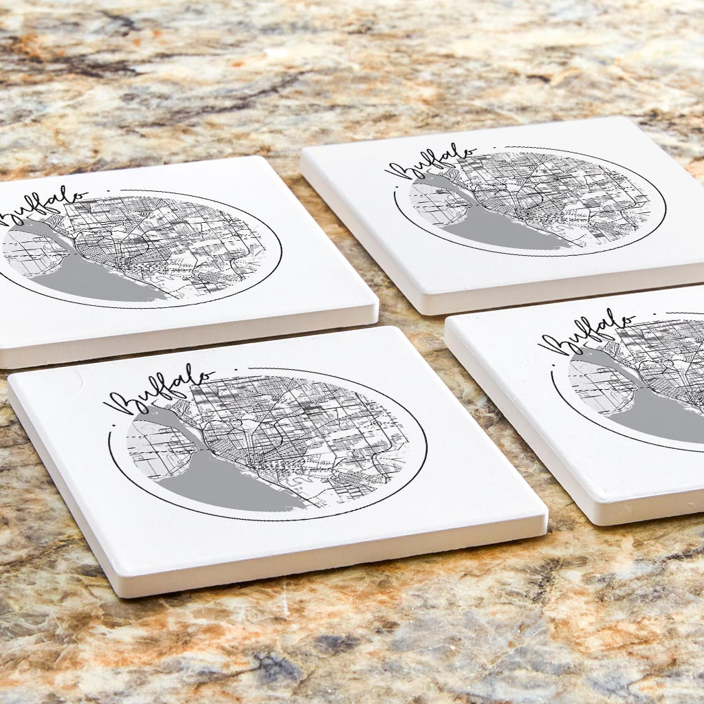 Minimalistic B&W New York Buffalo Circle Map | Absorbent Coasters | Set of 4 | Min 2