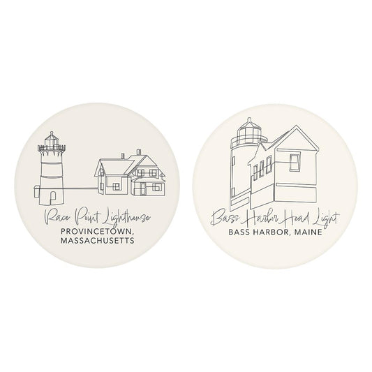 New England Lighthouses Cream Colored | Absorbent Car Coasters | Set of 2 | Min 4