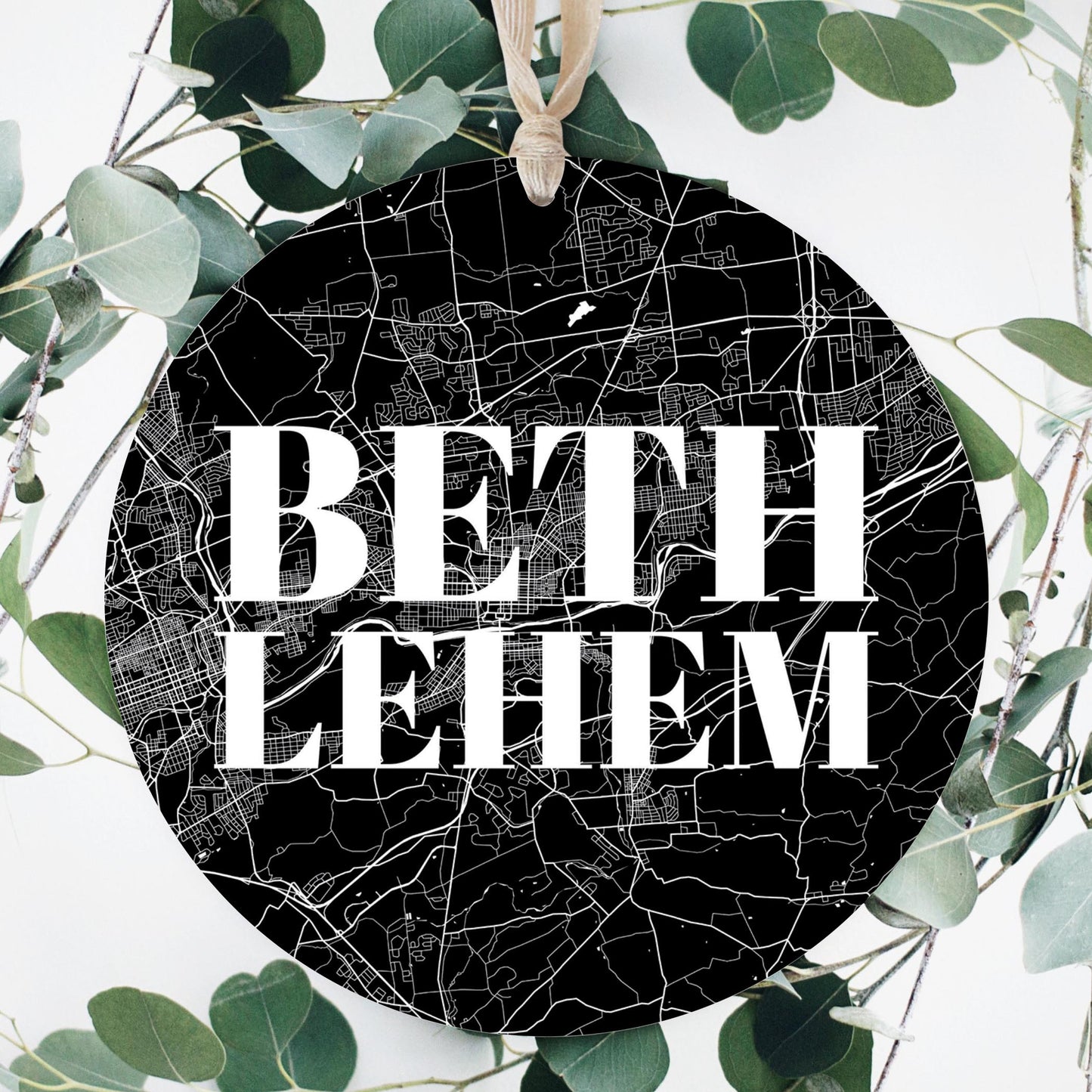 Minimalistic B&W Pennsylvania Bethlehem Map | Wood Ornament | Eaches | Min 1