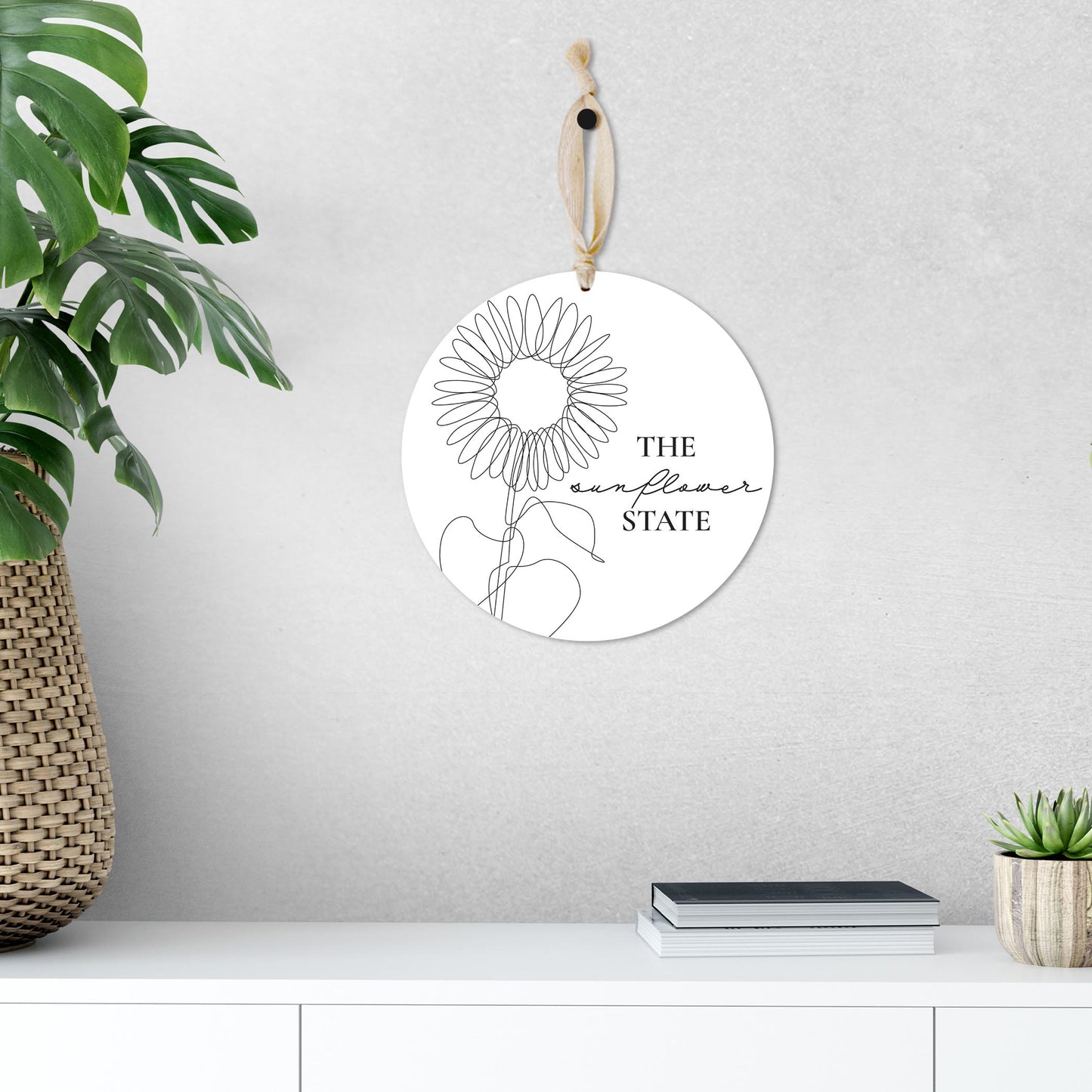 Minimalist B&W Kansas Sunflower Line Drawing | Wood Ornament | Eaches | Min 1