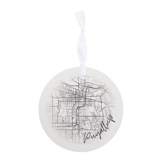 Minimalistic B&W Washington Puyallup Circle Map | Wood Ornament | Eaches | Min 6