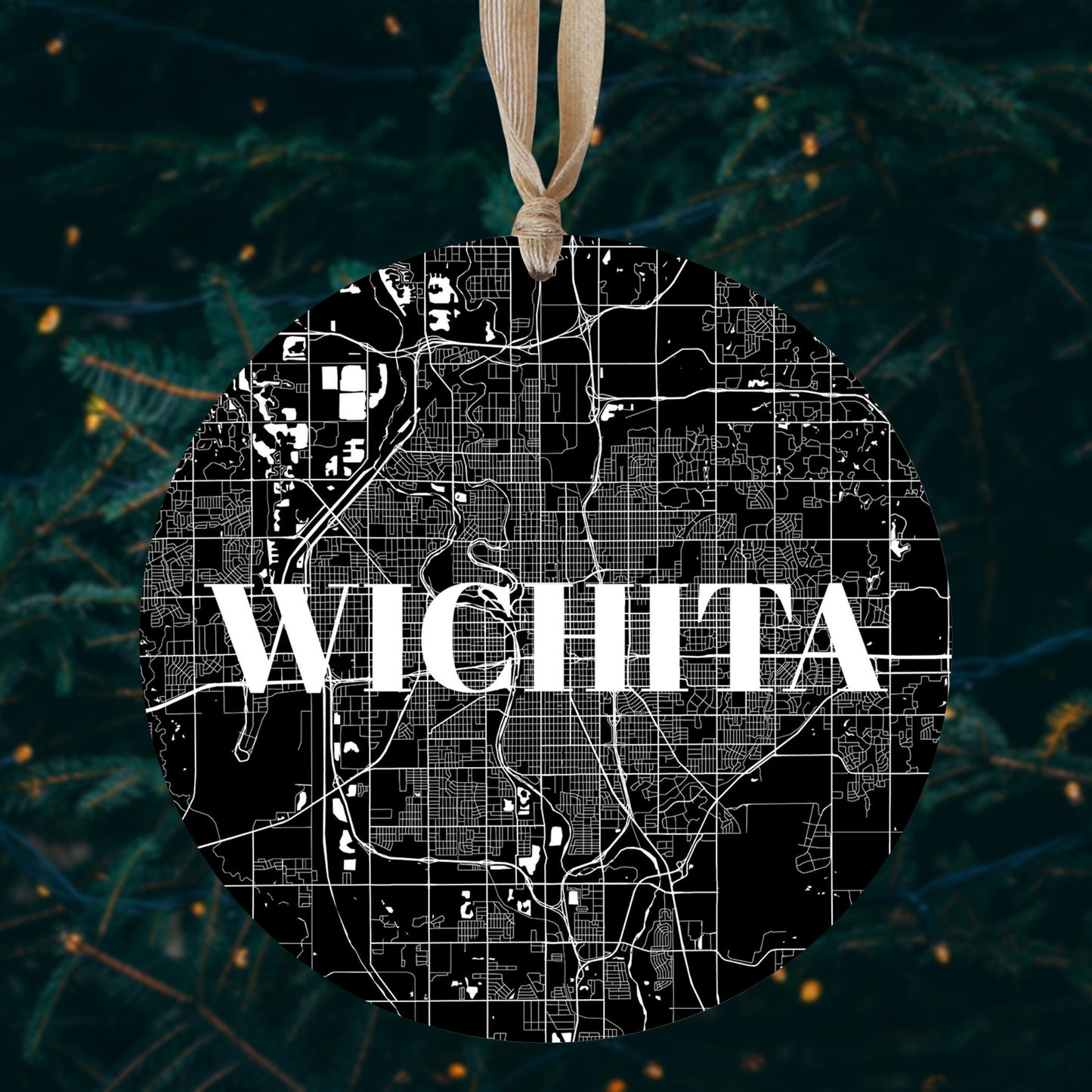 Minimalist B&W Kansas Wichita Map | Wood Ornament | Eaches | Min 1