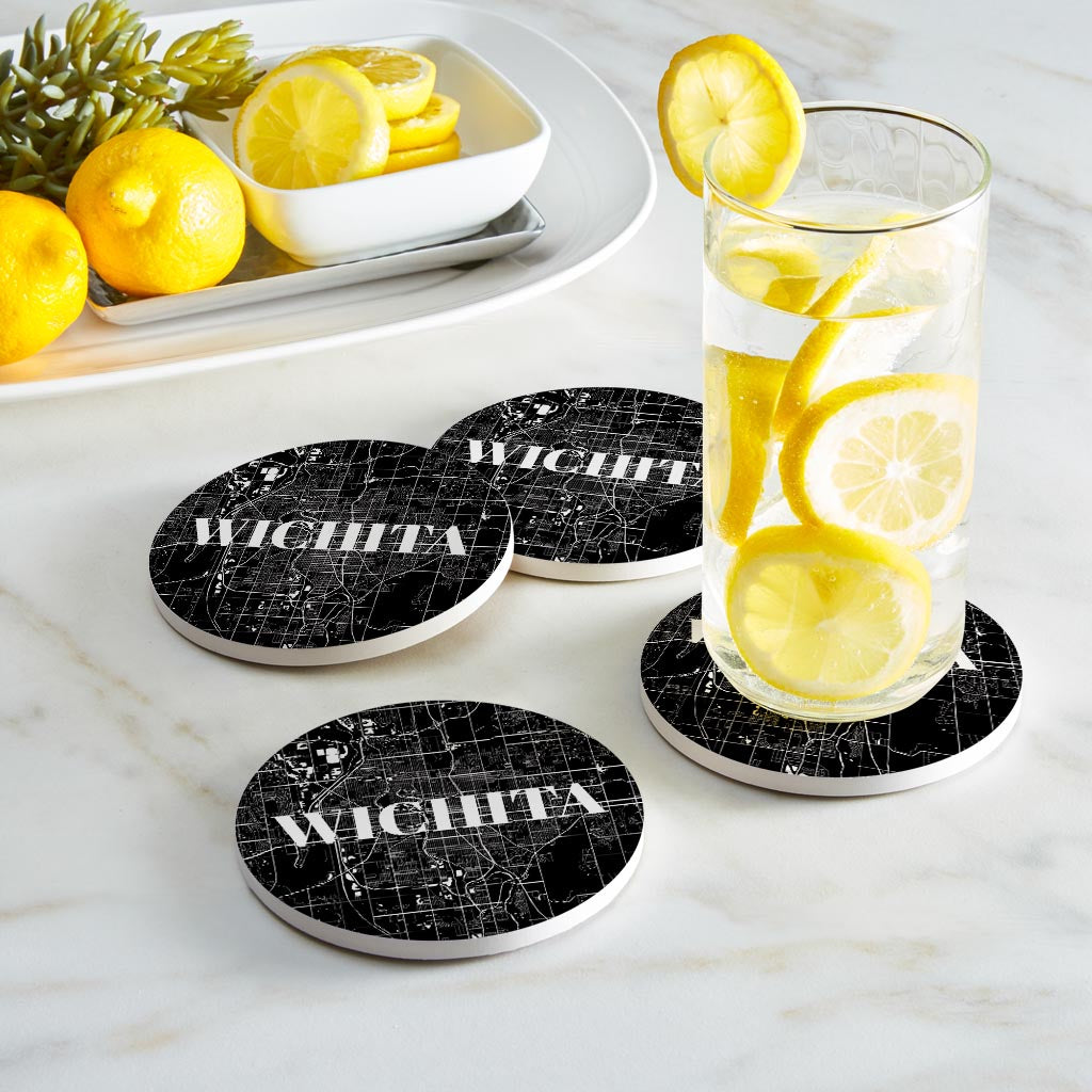 Minimalist B&W Kansas Wichita Map | Absorbent Coasters | Set of 4 | Min 2