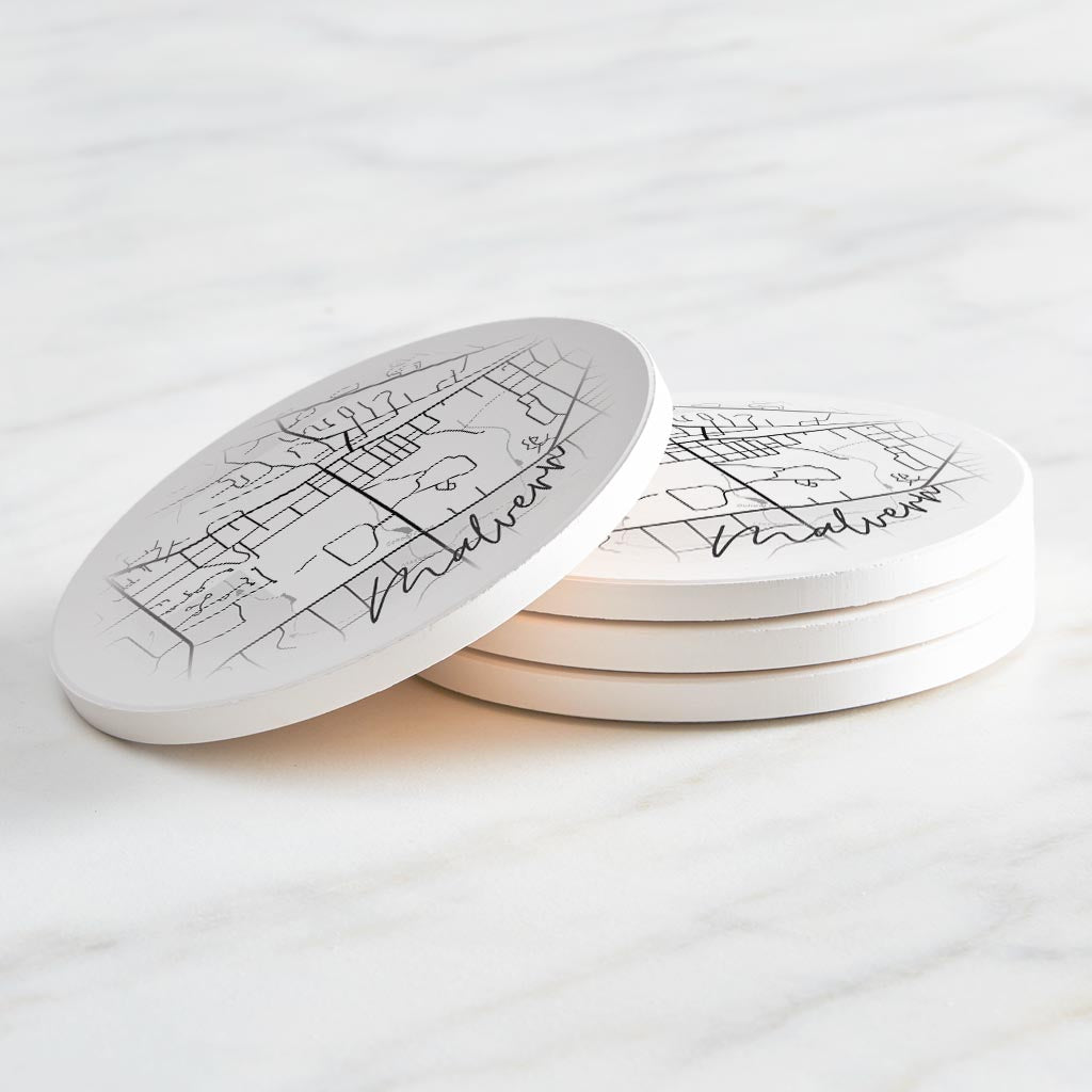 Minimalistic B&W Pennsylvania Malvern Circle Map | Absorbent Coasters | Set of 4 | Min 2