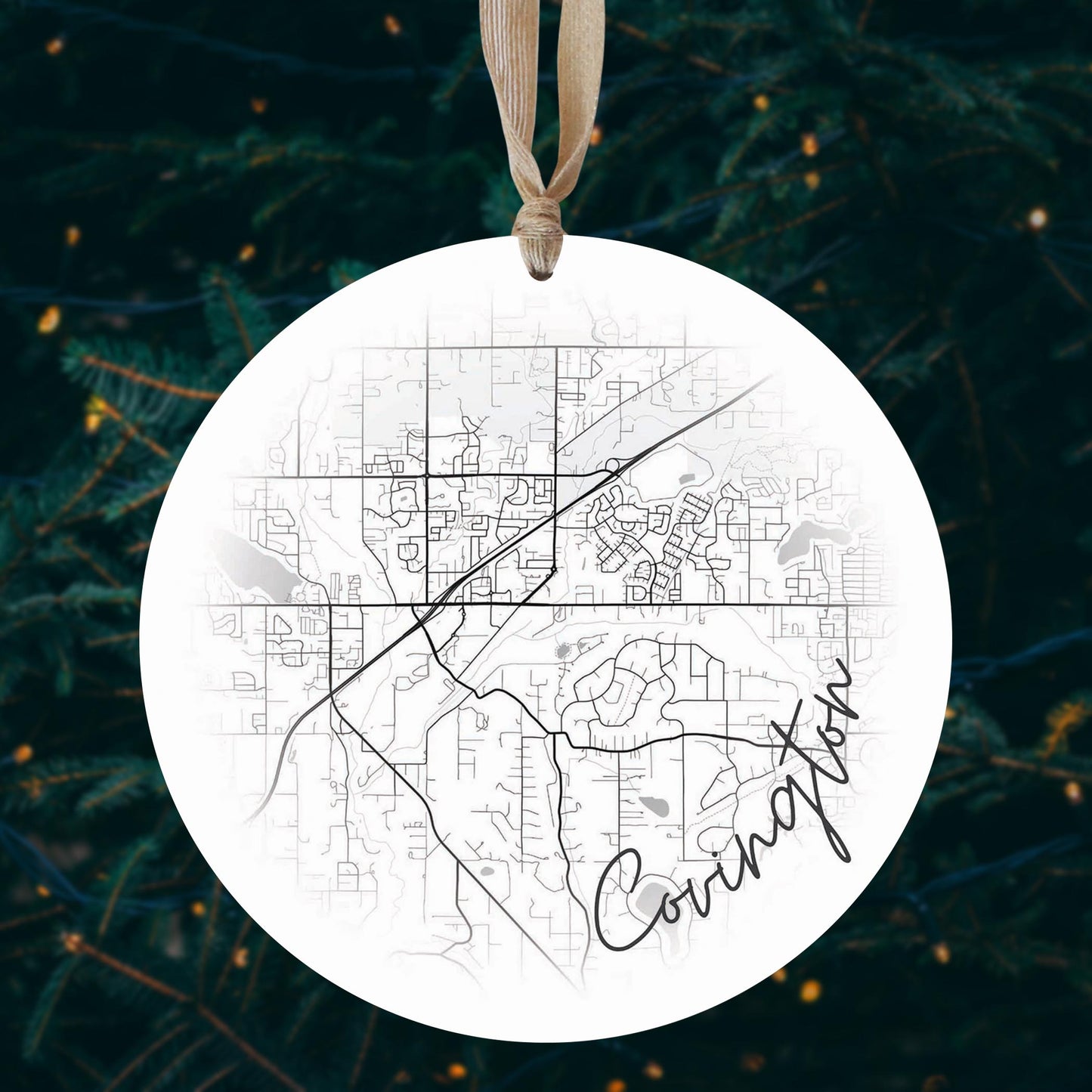 Minimalistic B&W Washington Covington Circle Map | Wood Ornament | Eaches | Min 1