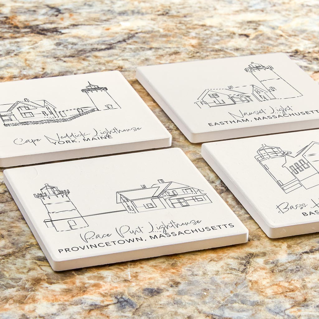 New England Lighthouses Cream Colored | Absorbent Coasters | Set of 4 | Min 2