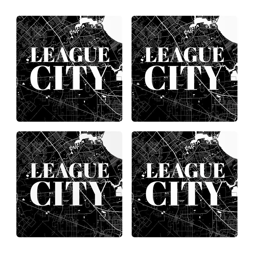 Minimalistic B&W Texas League City Map | Absorbent Coasters | Set of 4 | Min 2