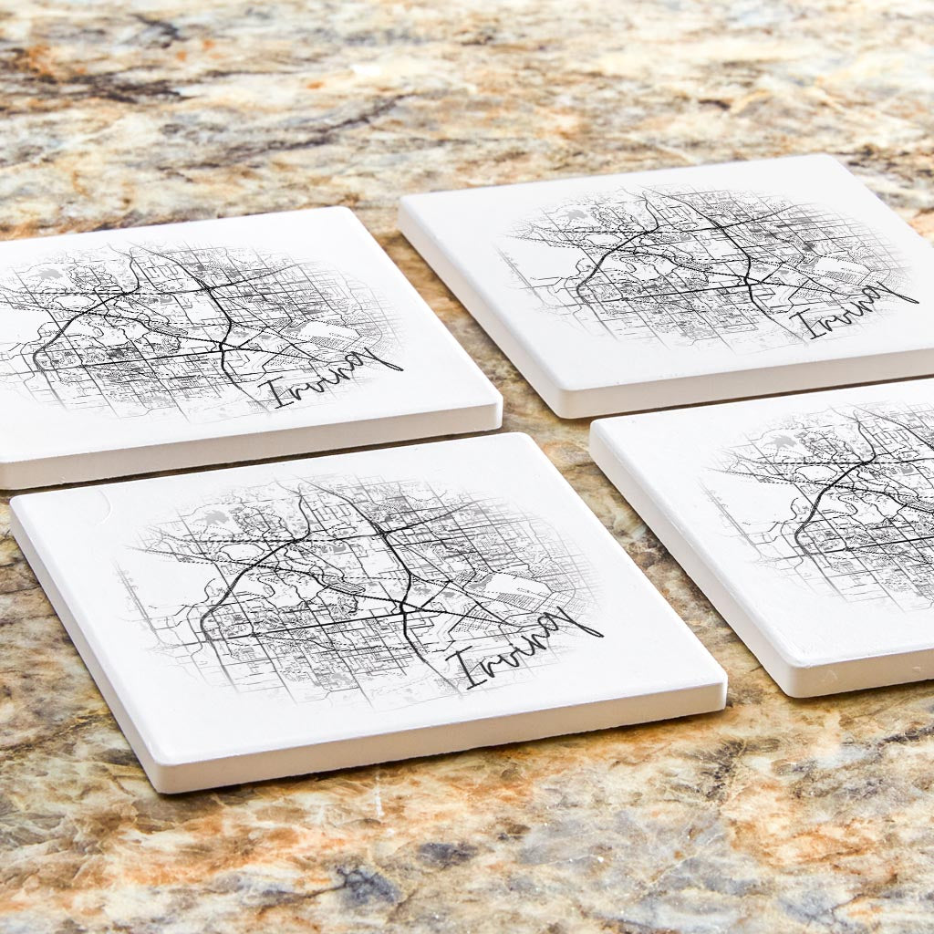 Minimalistic B&W Texas Irving Circle Map | Absorbent Coasters | Set of 4 | Min 2