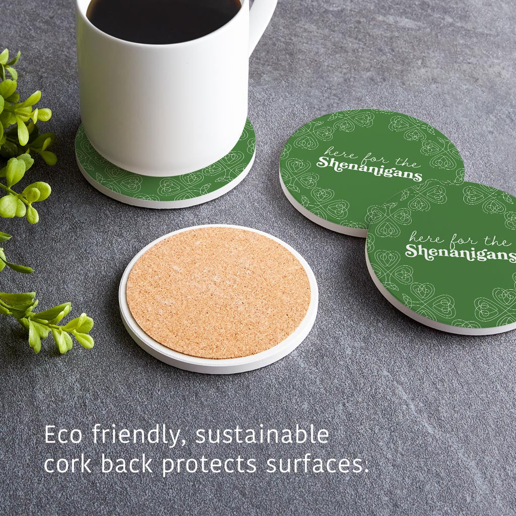 Dark Green Shamrock Here For The Shenanigans | Absorbent Coasters | Set of 4 | Min 2