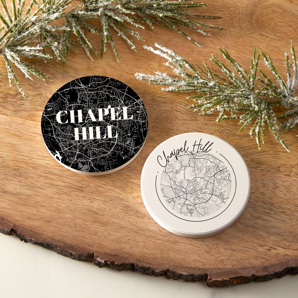 Minimalistic B&W North Carolina Chapel Hill Maps | Absorbent Car Coasters | Set of 2 | Min 4