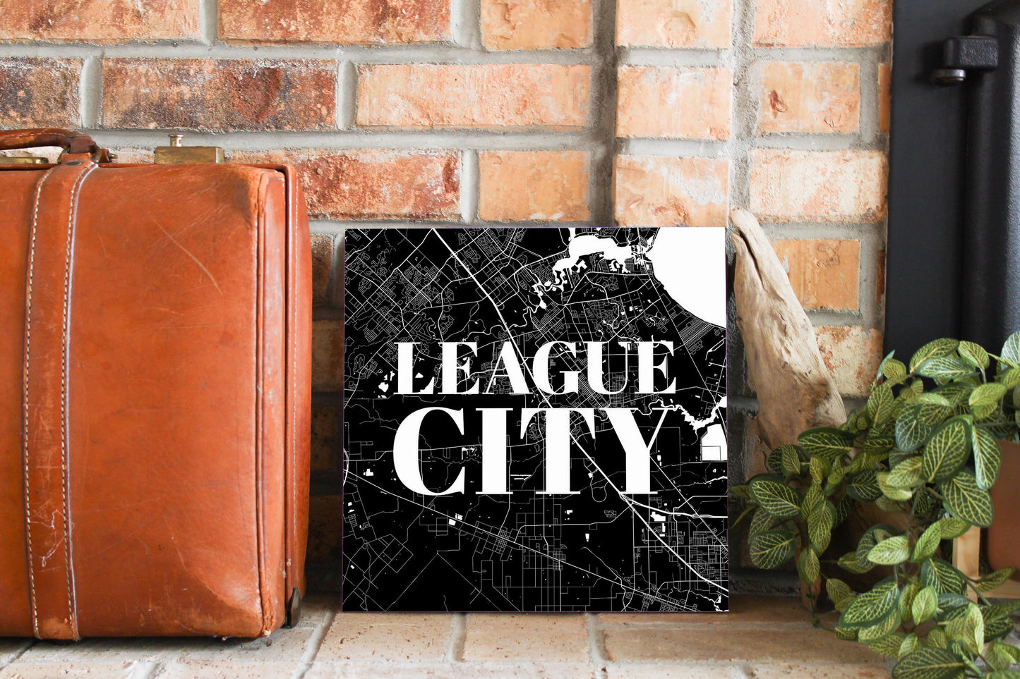 Minimalistic B&W Texas League City Map | Wood Sign | Eaches | Min 2