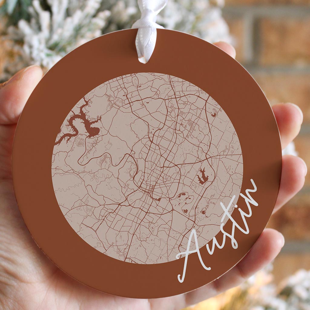 Modern Minimalist Texas Austin Circle Map | Wood Ornament | Eaches | Min 6