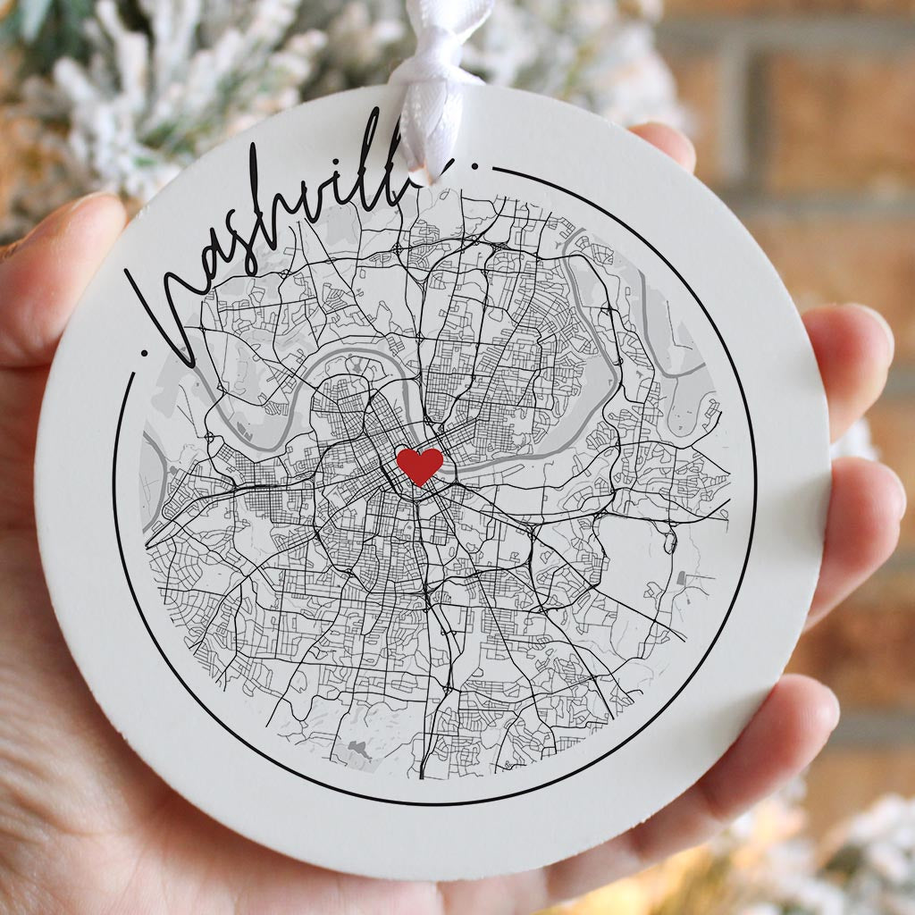 Minimalist B&W Tennessee Nashville Circle Map Heart | Wood Ornament | Eaches | Min 6