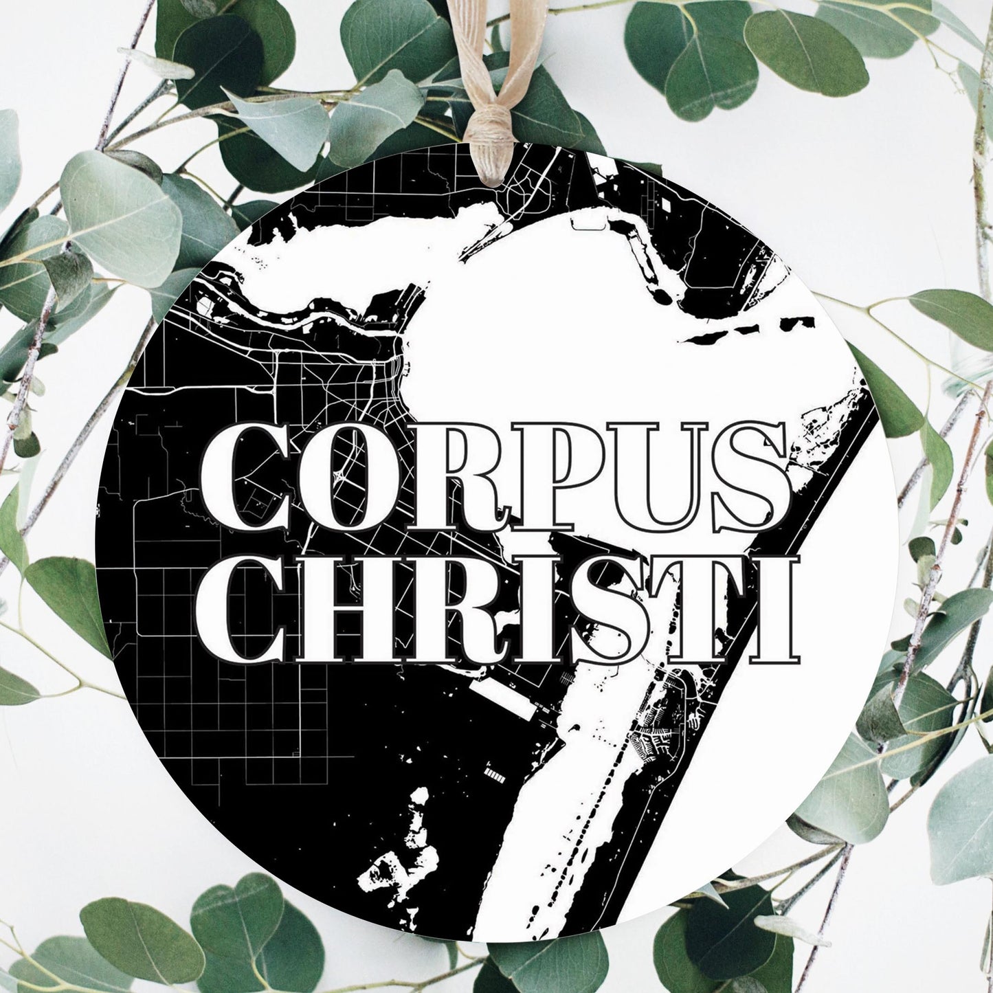 Minimalistic B&W Texas Corpus Christi Map | Wood Ornament | Eaches | Min 1