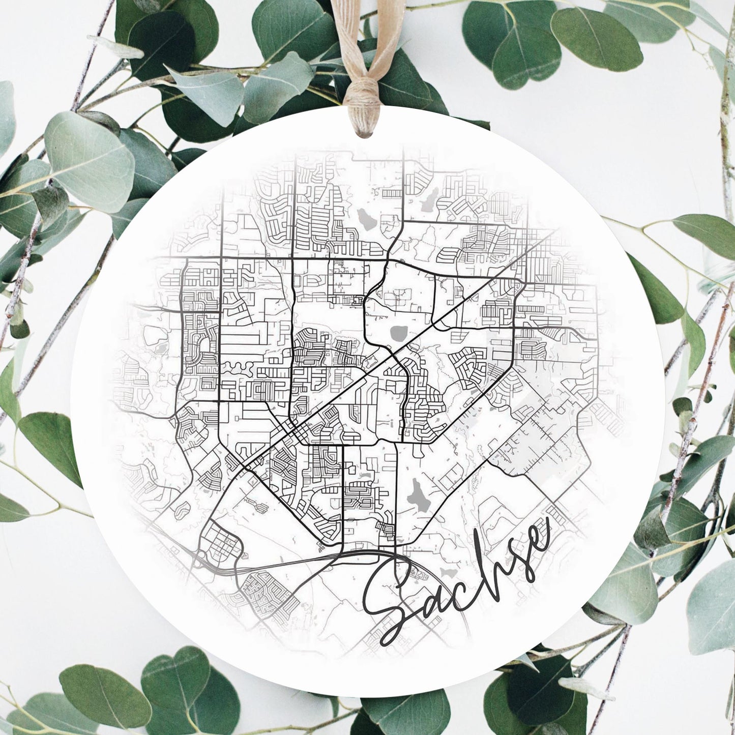 Minimalistic B&W Texas Sachse Circle Map | Wood Ornament | Eaches | Min 1