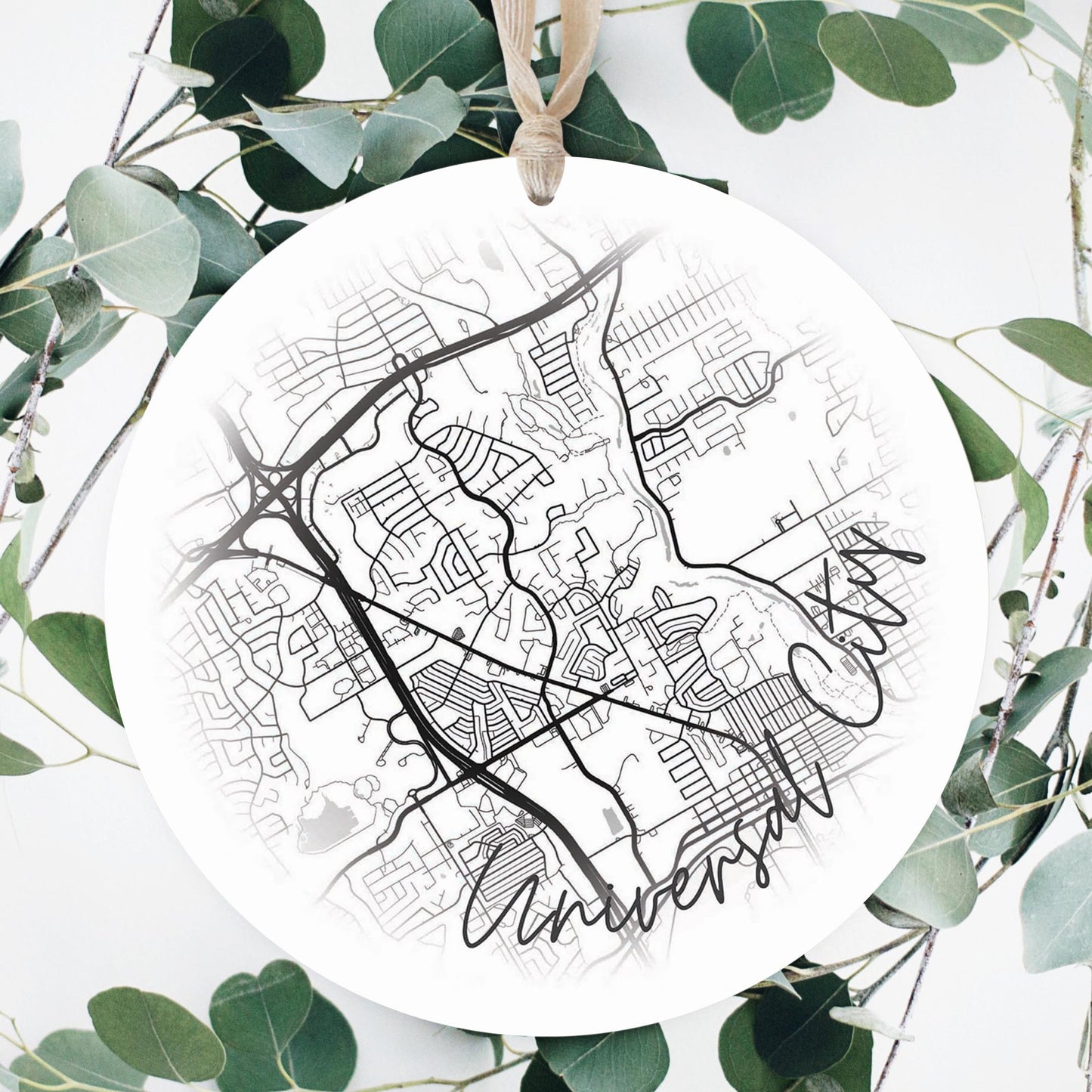 Minimalistic B&W Texas Universal City Circle Map | Wood Ornament | Eaches | Min 1