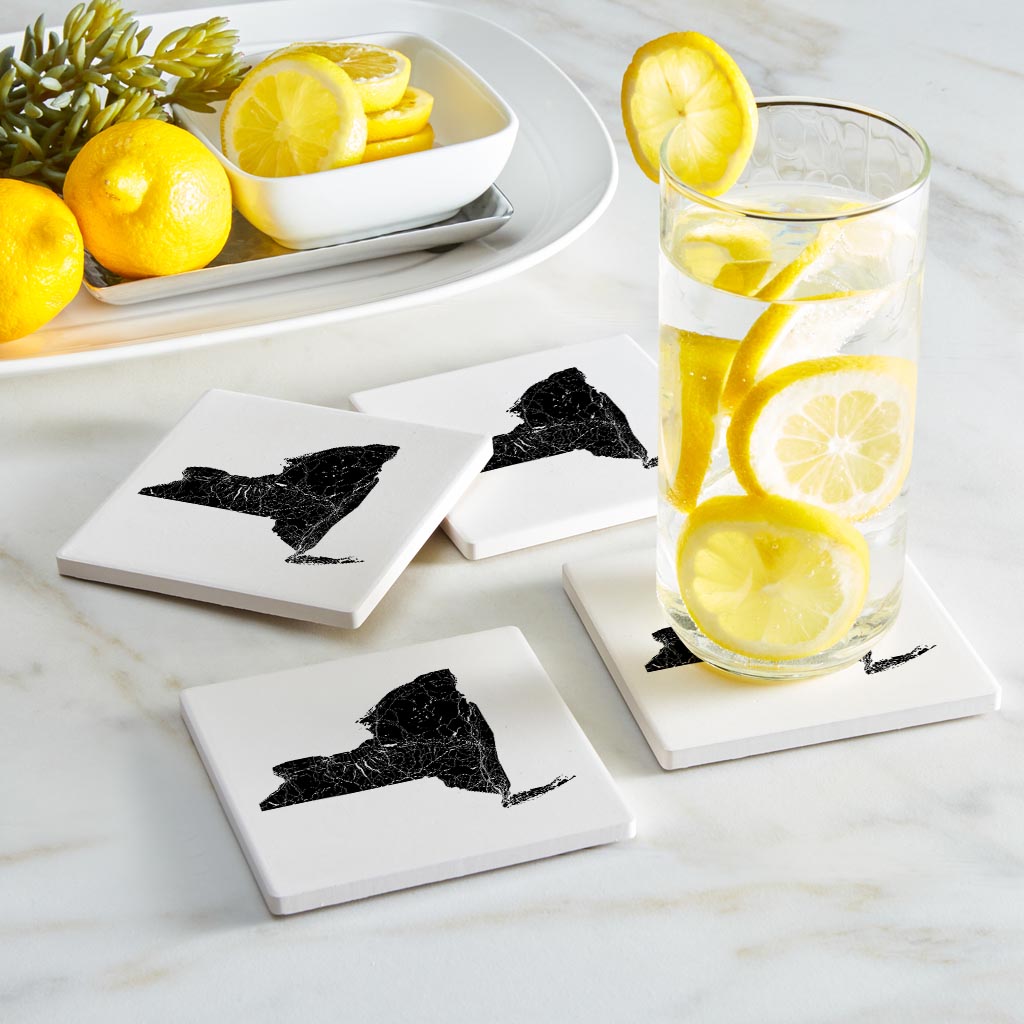 Minimalistic B&W New York State With Map | Absorbent Coasters | Set of 4 | Min 2