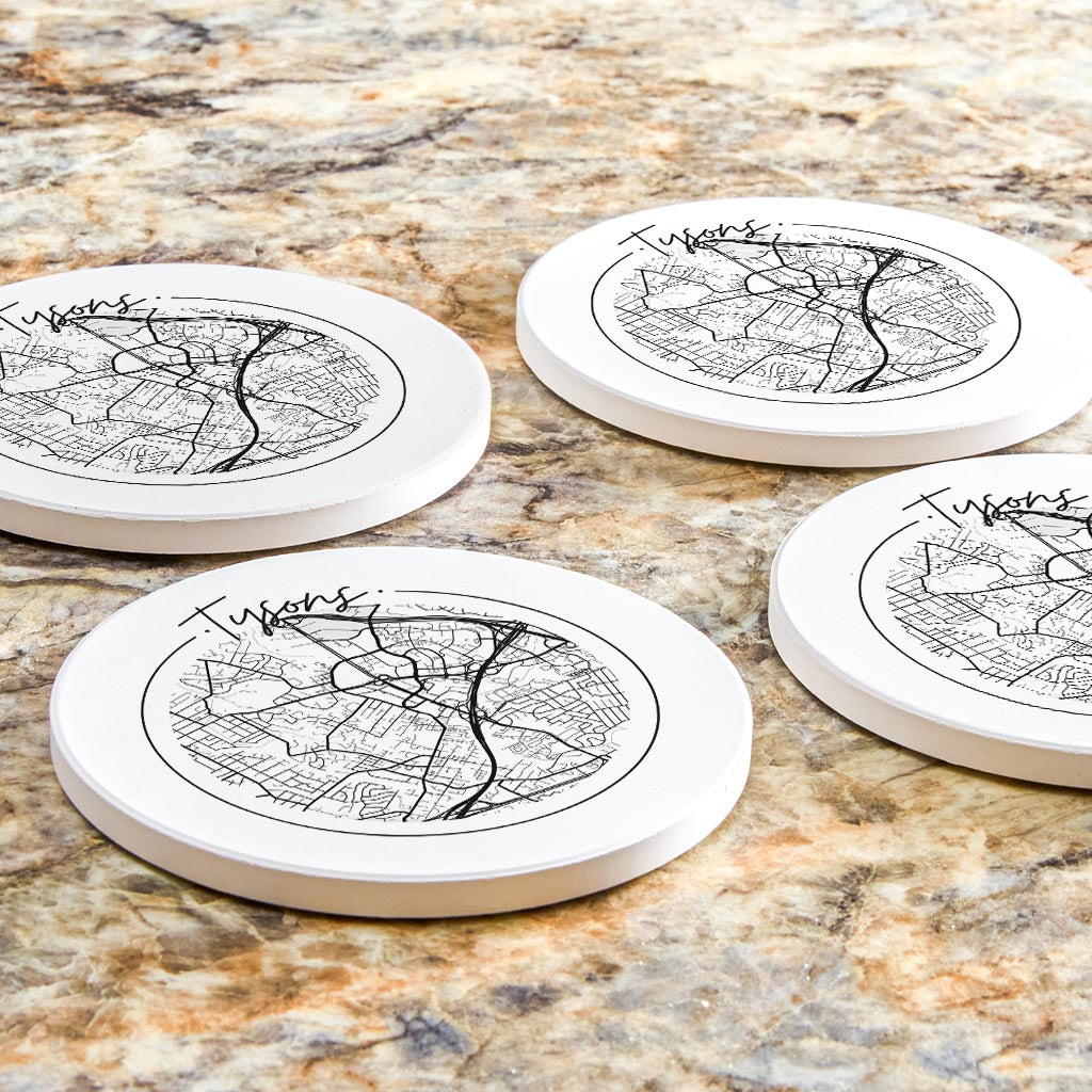 Minimalistic B&W Virginia Tysons Circle Map | Absorbent Coasters | Set of 4 | Min 2