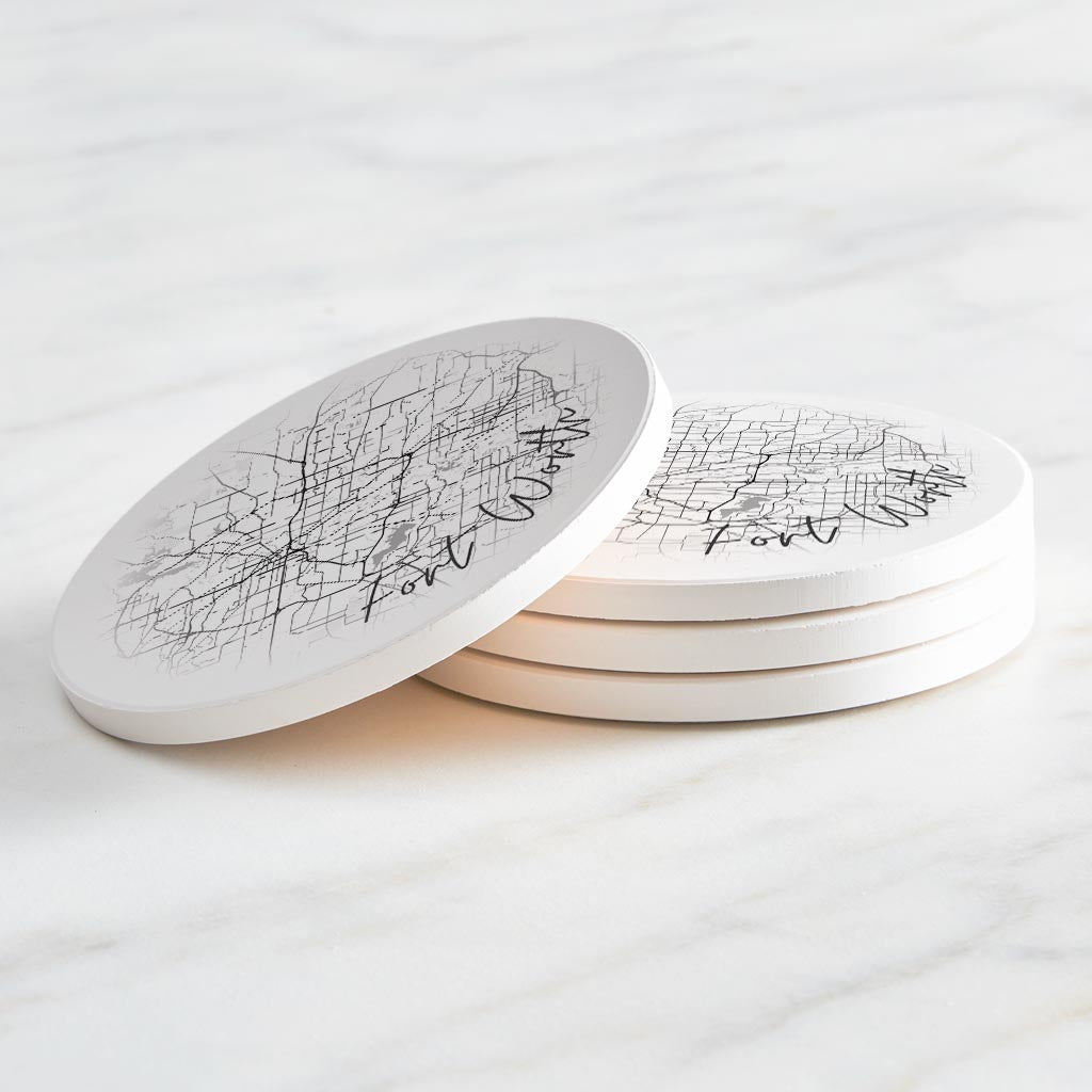 Minimalistic B&W Texas Fort Worth Circle Map | Absorbent Coasters | Set of 4 | Min 2