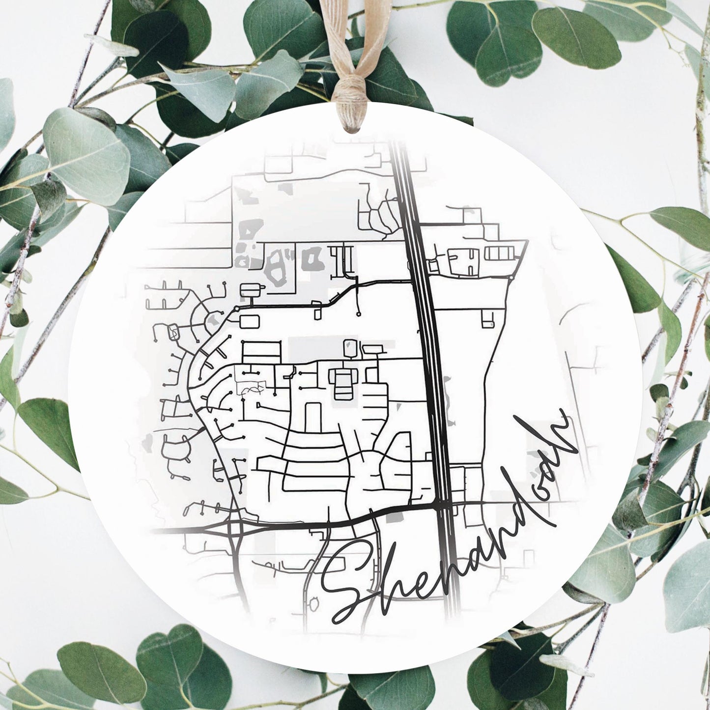 Minimalistic B&W Texas Shenandoah Circle Map | Wood Ornament | Eaches | Min 1