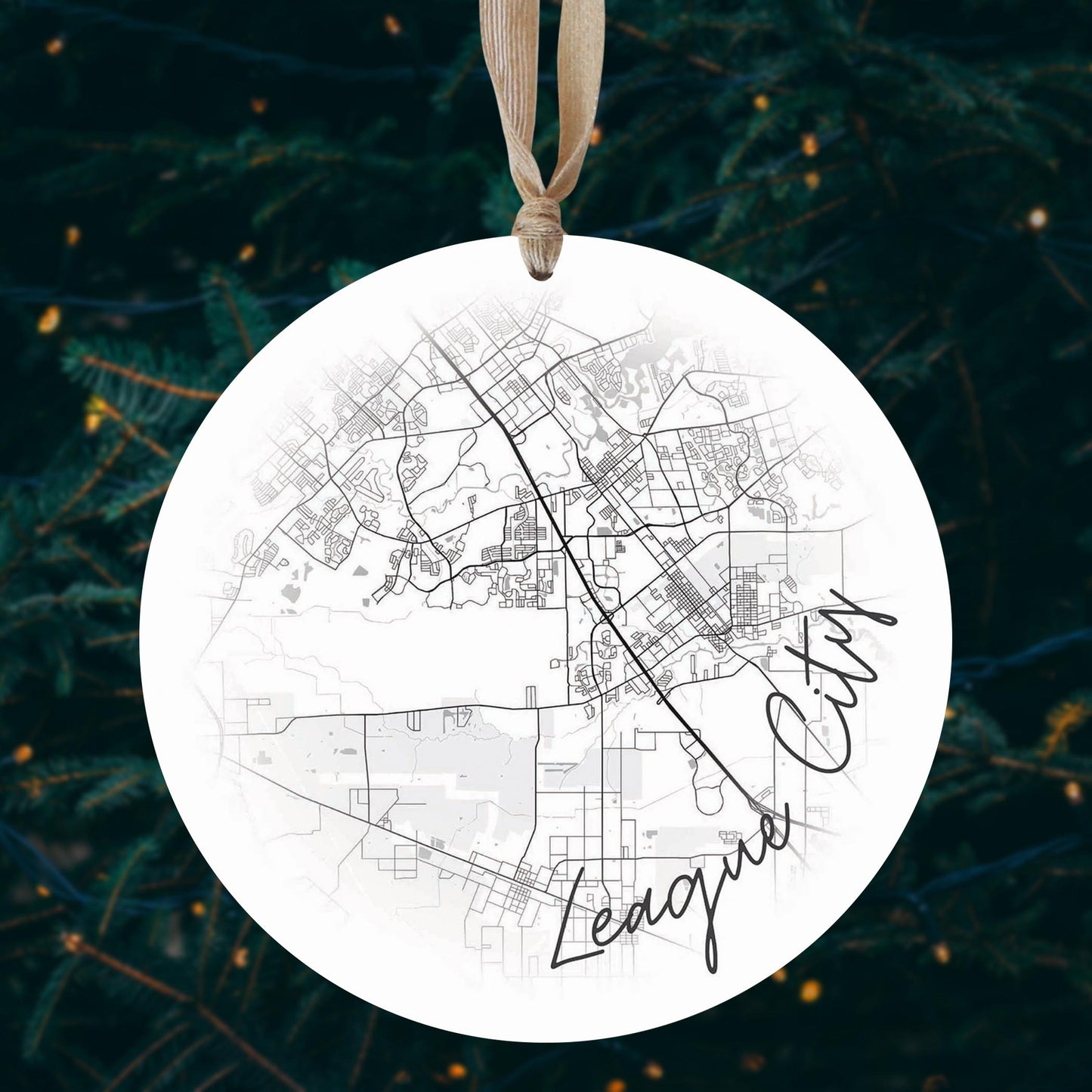 Minimalistic B&W Texas League City Circle Map | Wood Ornament | Eaches | Min 1