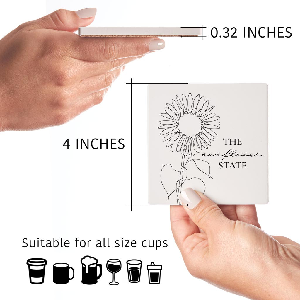 Minimalist B&W Kansas Sunflower Line Drawing | Absorbent Coasters | Set of 4 | Min 2