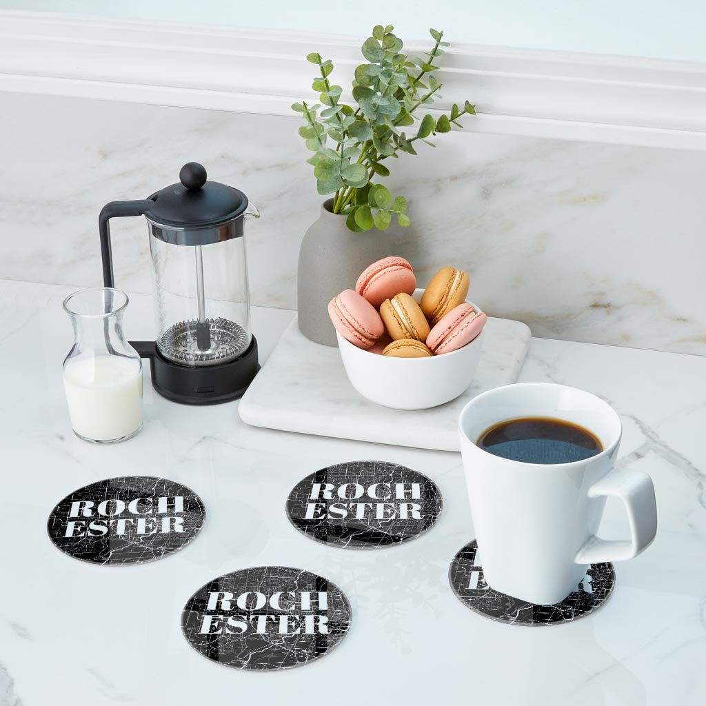 Minimalistic B&W New York Rochester Map | Hi-Def Glass Coasters | Set of 4 | Min 2