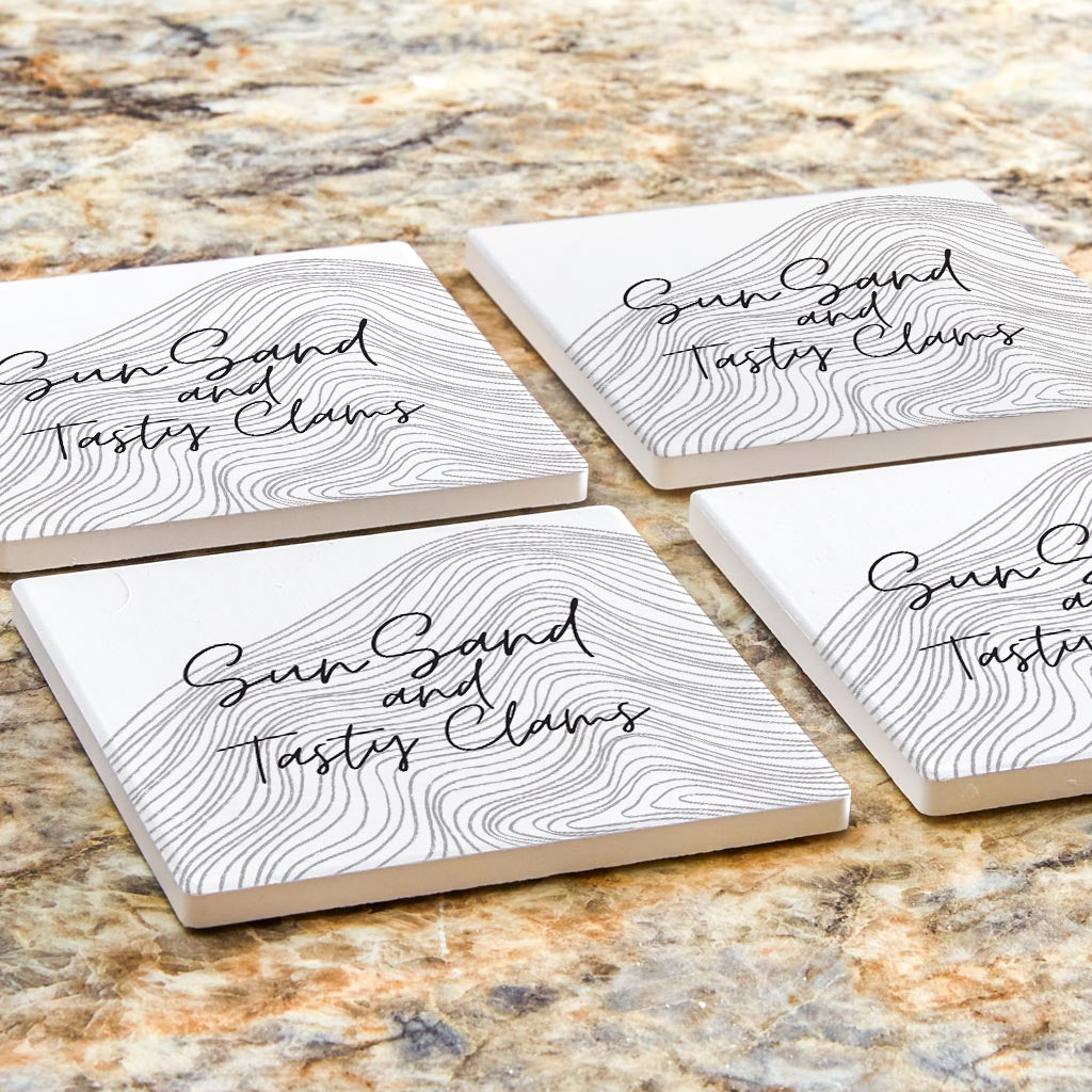 Minimalistic B&W Cape Cod Sun Sand Tasty Clams | Absorbent Coasters | Set of 4 | Min 2