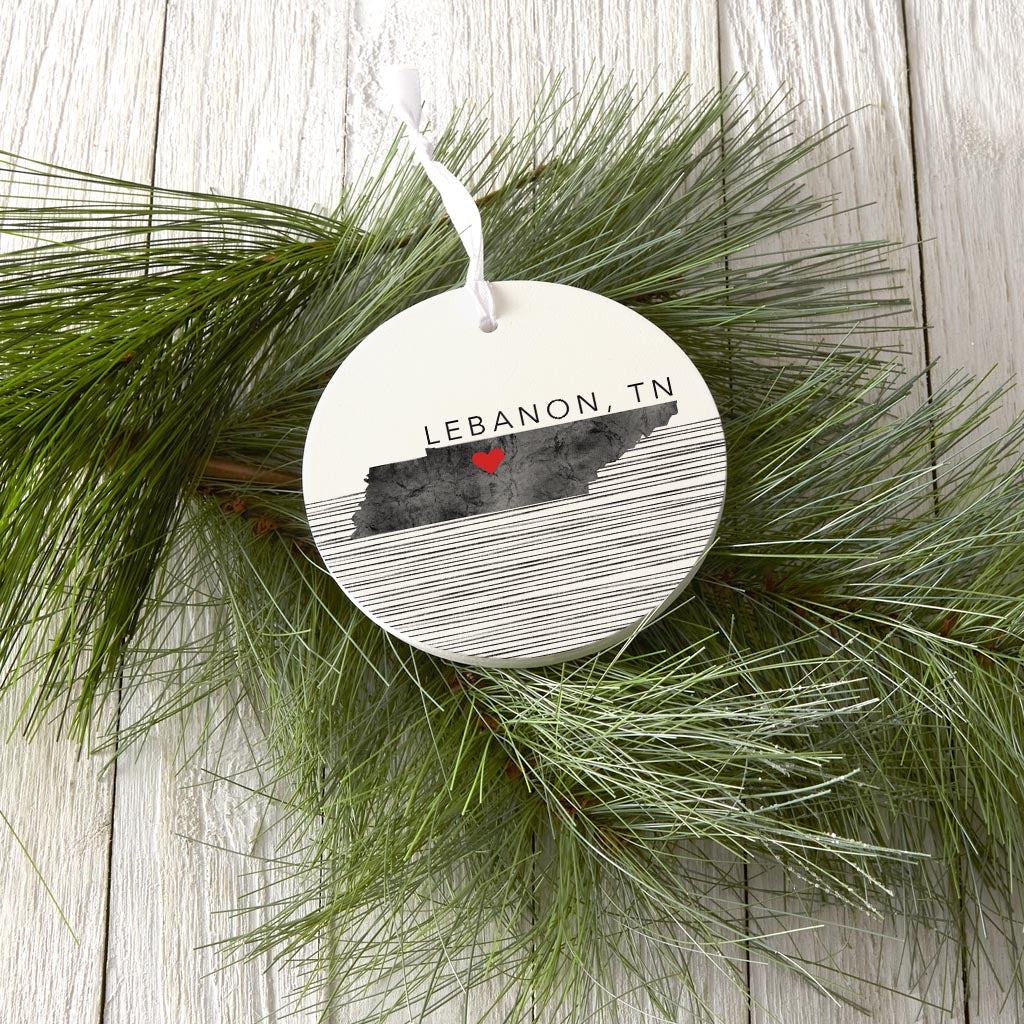 Minimalist B&W Tennessee State Lebanon Heart | Wood Ornament | Eaches | Min 6