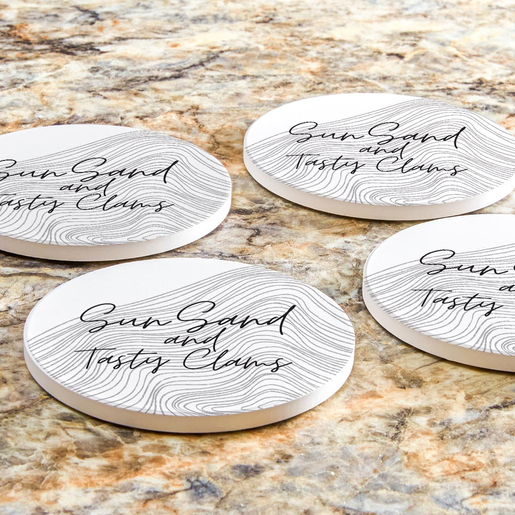 Minimalistic B&W Cape Cod Sun Sand Tasty Clams| Absorbent Coasters | Set of 4 | Min 2