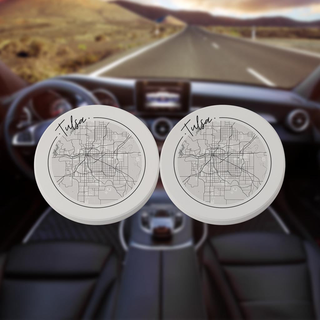 Modern Oklahoma Tulsa Circle Map | Absorbent Car Coasters | Set of 2 | Min 4