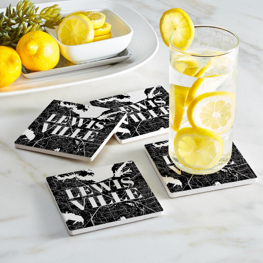 Minimalistic B&W Texas Lewisville Map| Absorbent Coasters | Set of 4 | Min 2