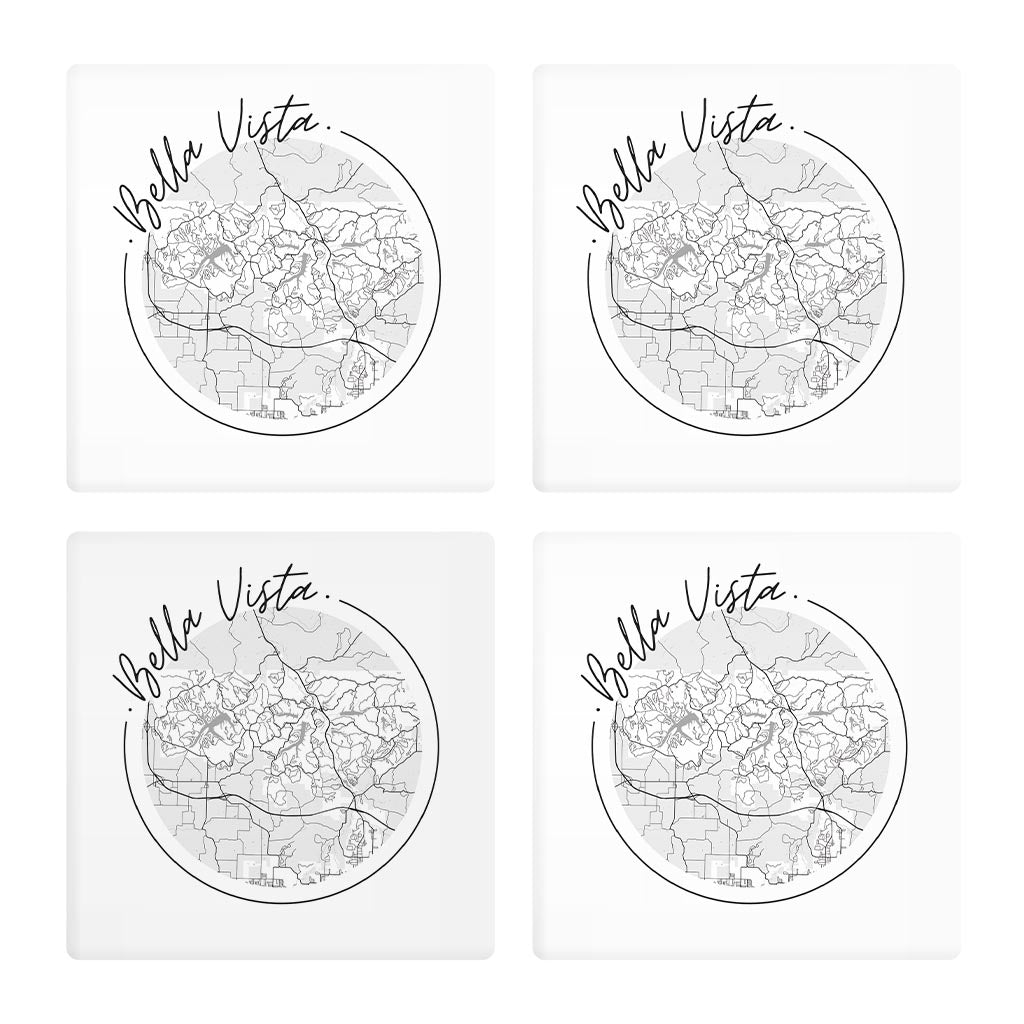 Minimalist B&W Arkansas Bella Vista Circle Map | Absorbent Coasters | Set of 4 | Min 2