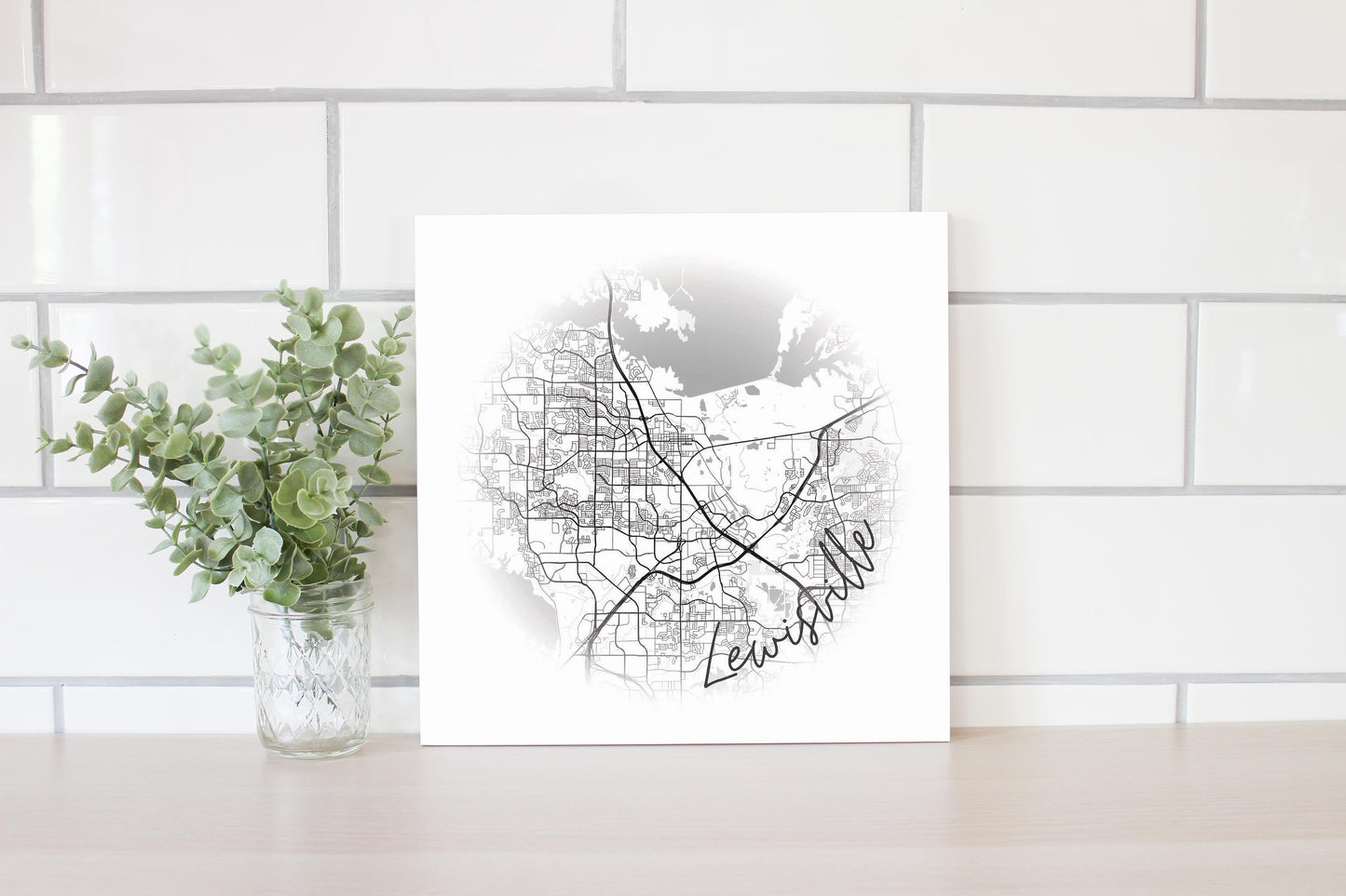 Minimalistic B&W Texas Lewisville Circle Map | Wood Sign | Eaches | Min 2