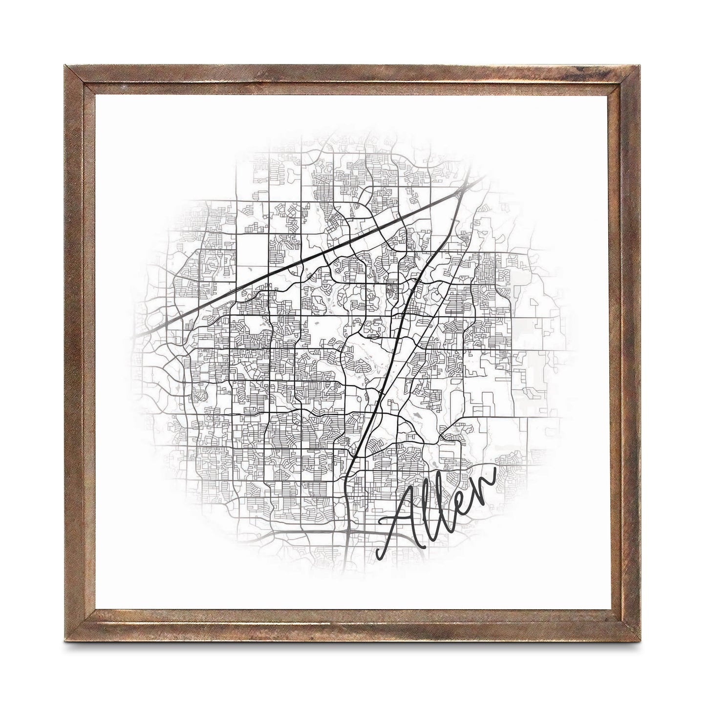 Minimalistic B&W Texas Allen Circle Map | Wood Sign | Eaches | Min 1