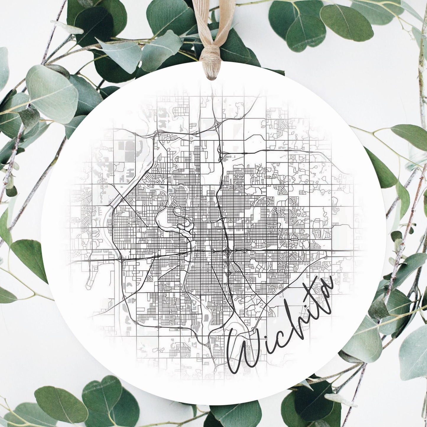 Minimalistic B&W Kansas Wichita Circle Map | Wood Ornament | Eaches | Min 1